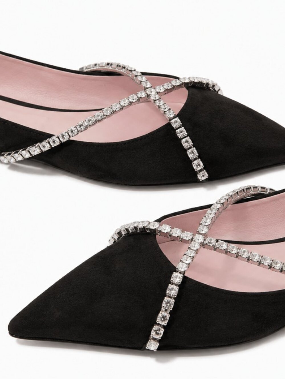 Pretty Ballerinas  Ella Black Suede Crystal Strap Pointed-Toe Flats NWT